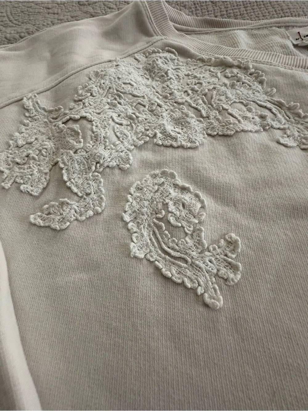 Anthropologie Cream Lace Appliqué Scoop-Neck Sweatshirt